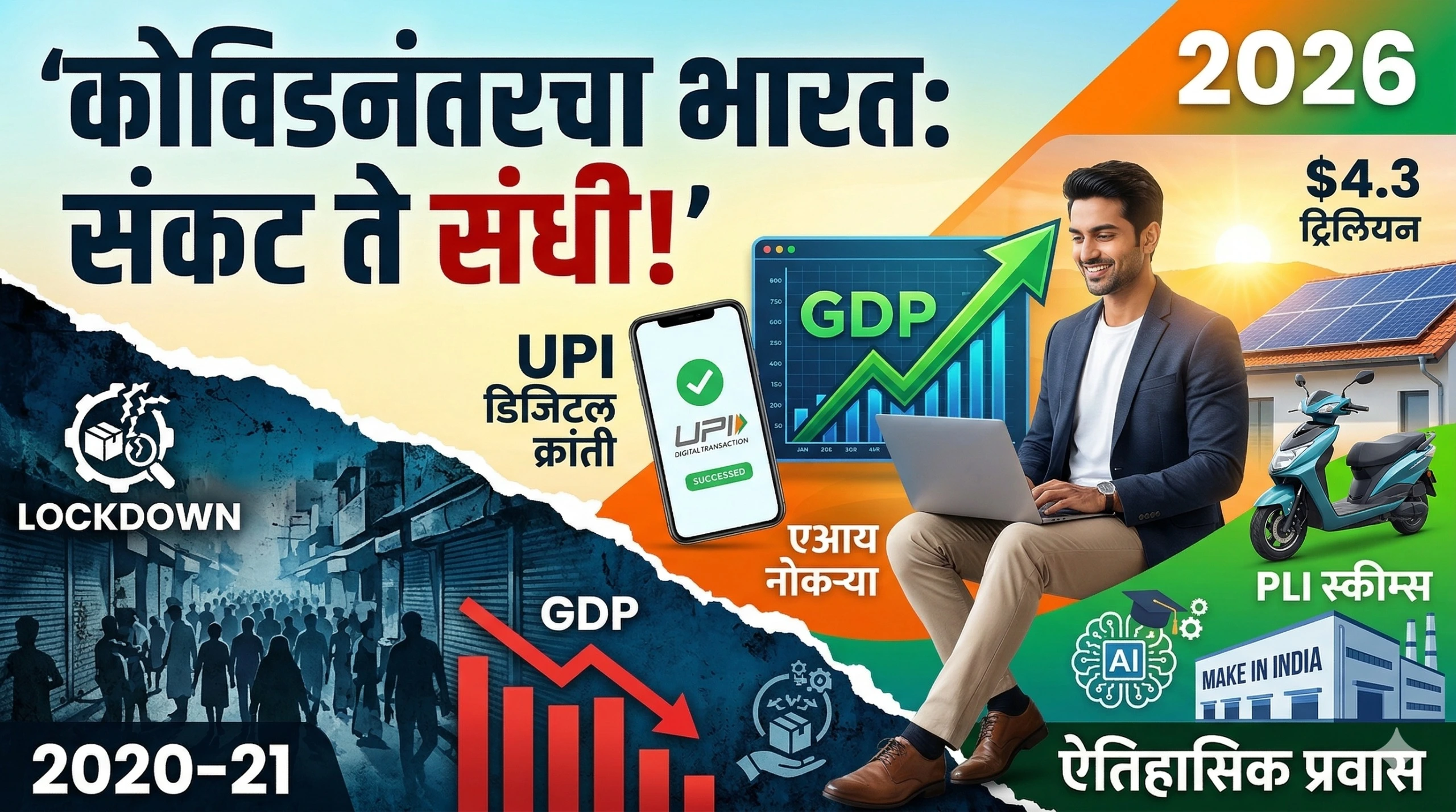 पोस्ट कोविड भारत, Digital India 2026, UPI payment via India's digital public infrastructure making the $4.3 trillion economy.