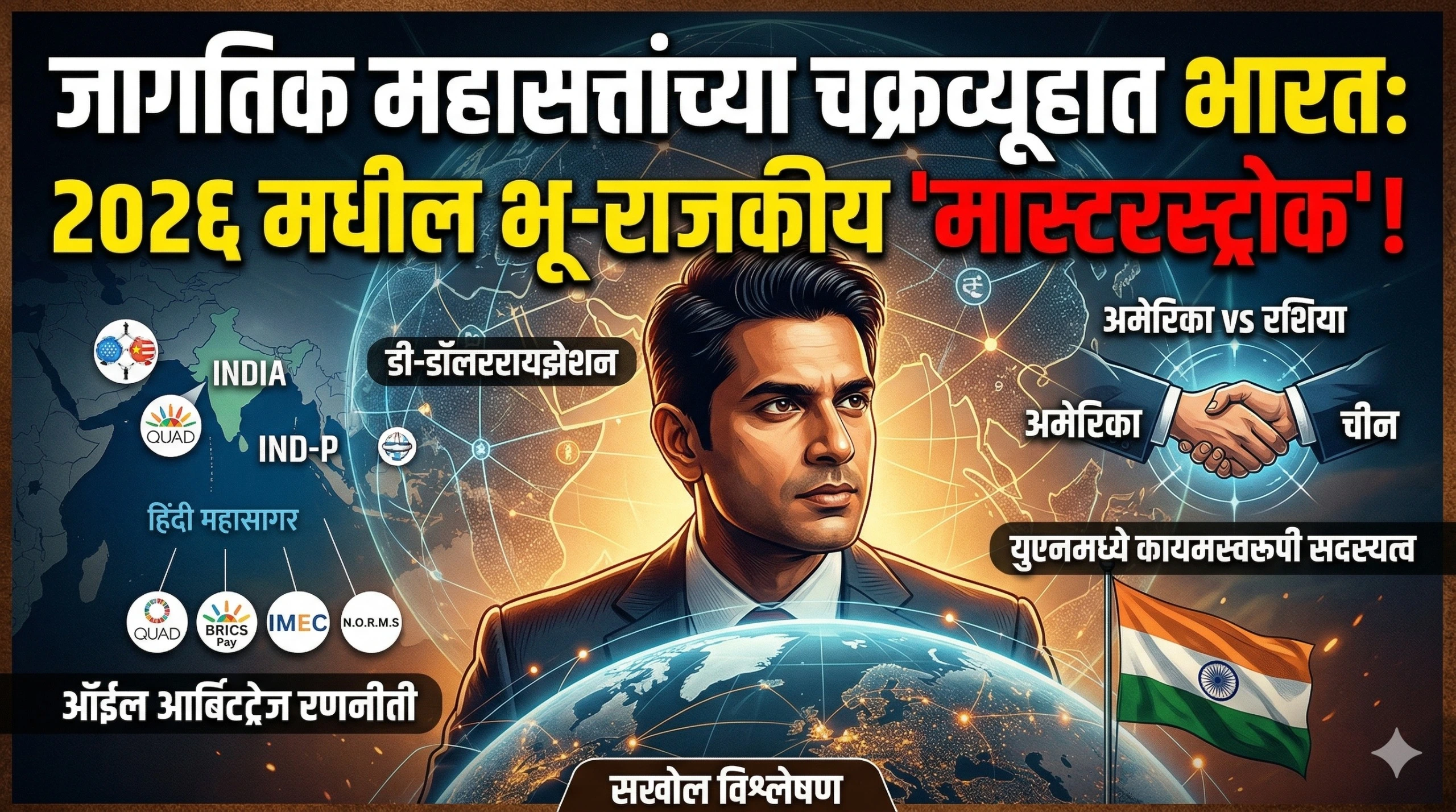 A digital illustration showing India's prime minister at a global summit surrounded by world leaders, symbolizing India's leadership in the Global South 2026.