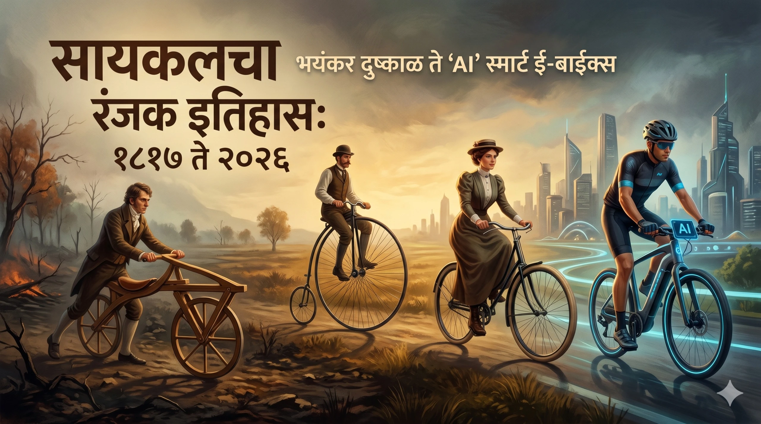 सायकलचा इतिहास: १८१७ चा दुष्काळ ते २०२६ च्या AI स्मार्ट ई-बाईक्सपर्यंतचा प्रवास