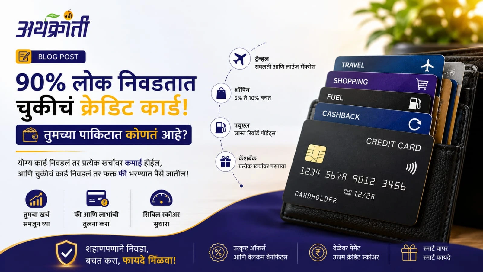 योग्य क्रेडिट कार्ड निवडण्यासाठी विविध प्रकारची क्रेडिट कार्ड्स, कॅशबॅक ऑफर्स, ट्रॅव्हल बेनिफिट्स आणि स्मार्ट फायनान्शियल प्लॅनिंग दाखवणारी प्रतिमा.