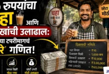 रेल्वे स्टेशनजवळील गजबजलेल्या चहाच्या टपरीवर ग्राहकांना चहा देणारा चहावाला आणि त्यामागील नफा-खर्चाचे बिझनेस गणित दर्शवणारे चित्र.
